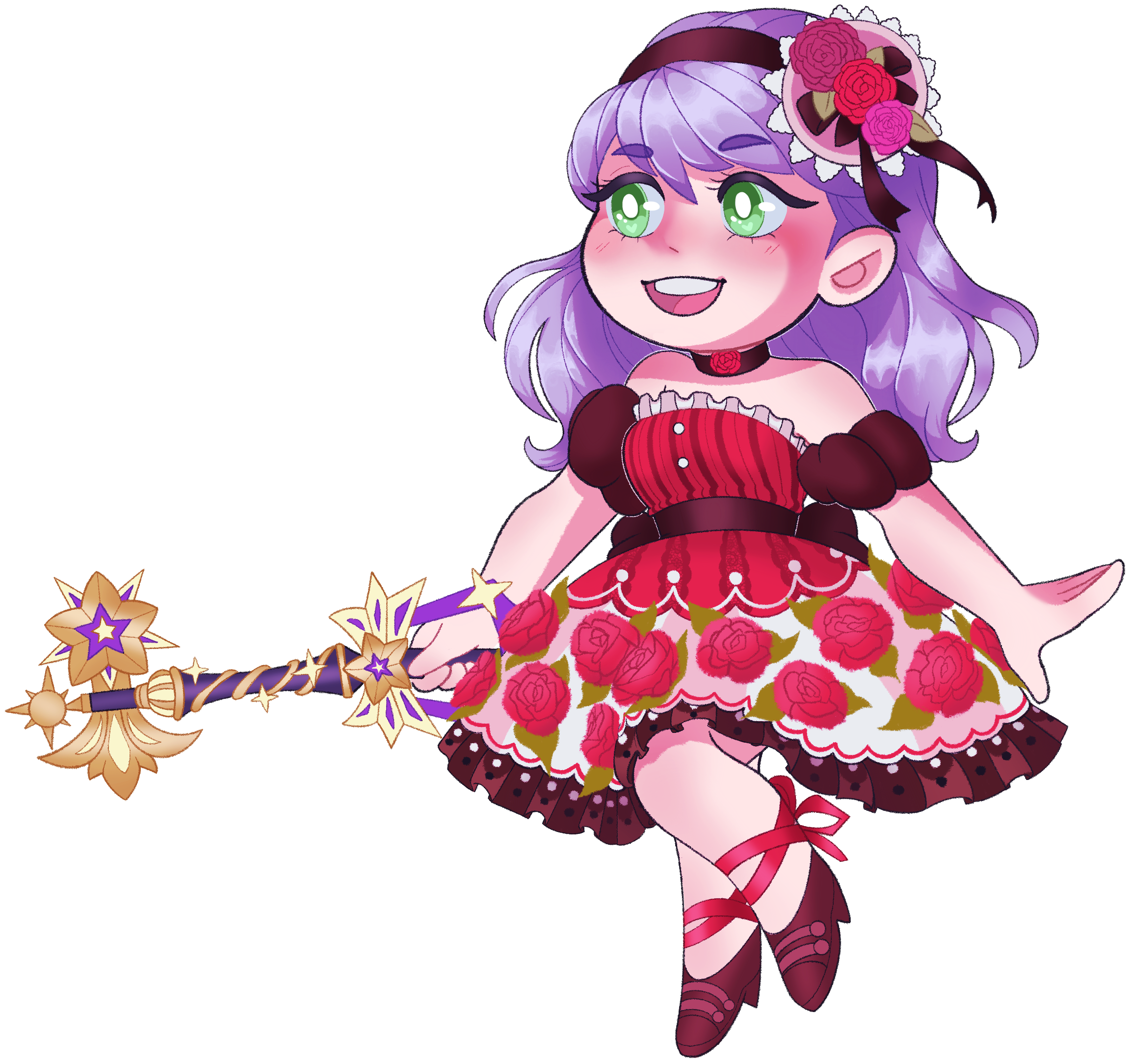 Colored chibi fullbody sketch of my Kingdom hearts keykid Fish in her valetines dress and holding a keyblade.